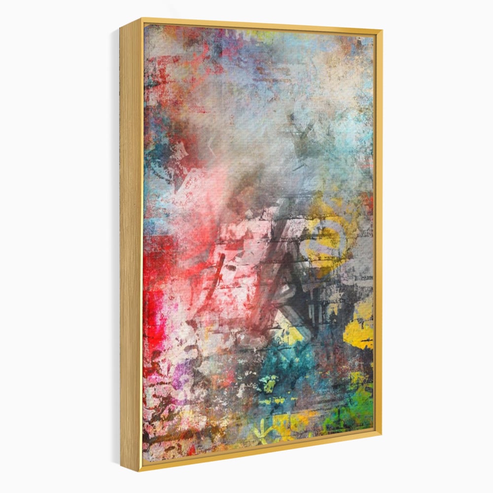 Tablou canvas cu tablou canvas cu arta abstracta si graffiti, in rama de aluminiu auriu